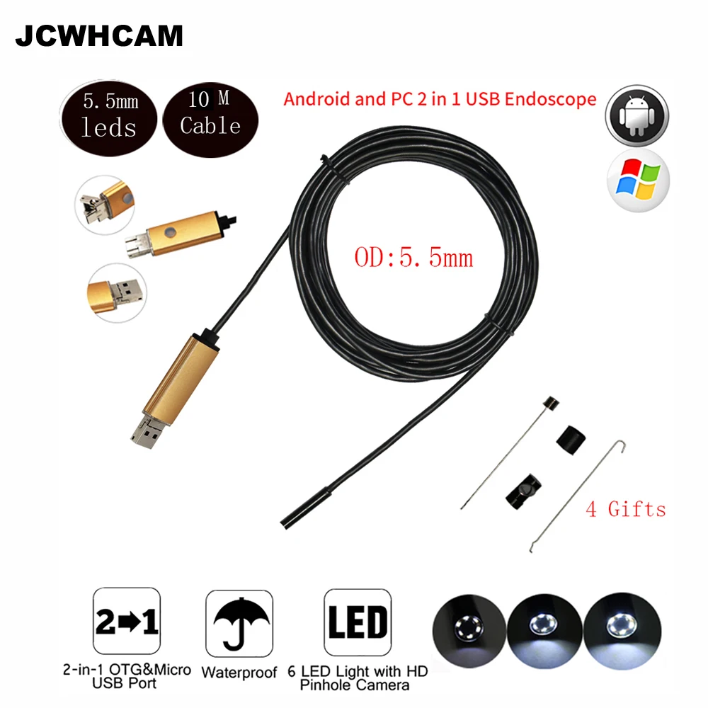 JCWHCAM 5 мм Android эндоскоп USB кабель фокусировка камера 10 м водонепроницаемый Full