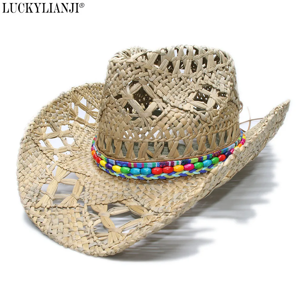 Luckylianji Women's Men's Unisex's Vintage Wide Brim Straw Sun Beach Cowboy Cowgirl Western Hat