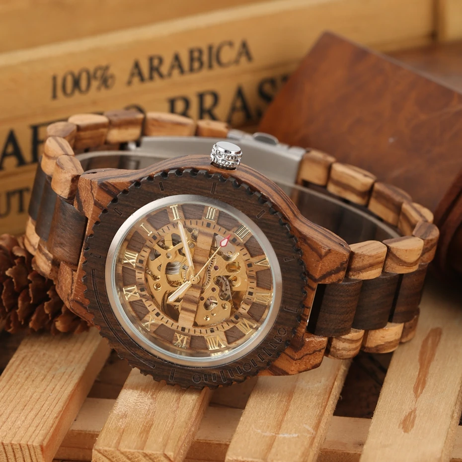 Retro Wood Watch Royal Gold Roman Literal Mechanical Watches Men's Top Luxury Wooden Bangle Watch montre homme automatique reloj