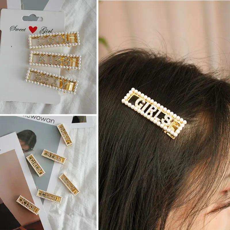 

6 Pcs/set New Girls Jewelry Rectangular Duckbill Clips Artificial Pearl Hairpin Fashion Women Rhinestone Letter Hair Clip
