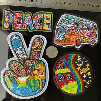 

Peace and Love Bohemia Embroidered Patch Sun Moon Bus V Gesture Hand Iron on Fabric Badge DIY