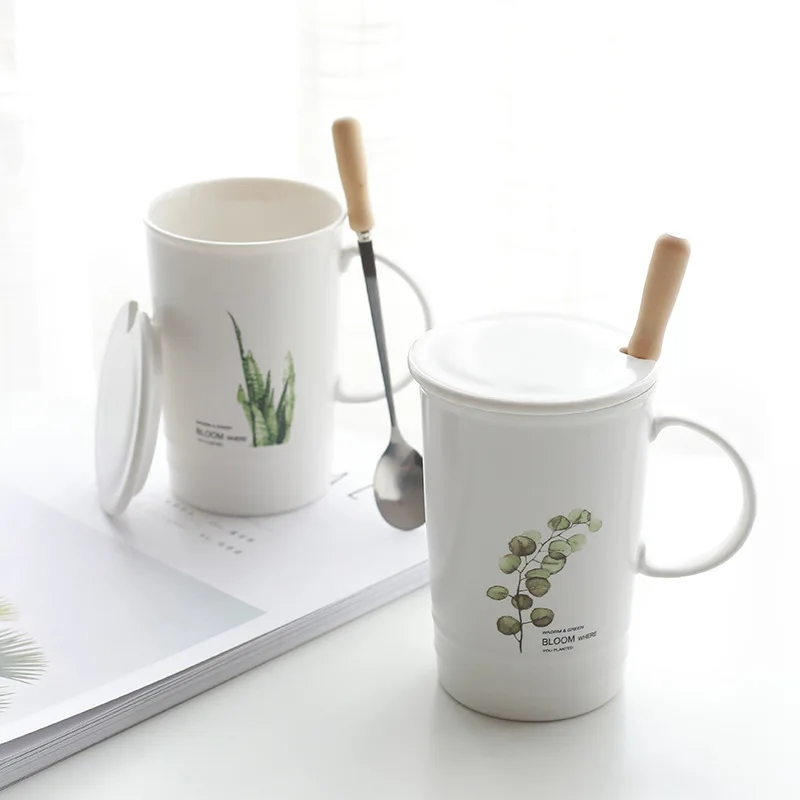 

Scandinavian Style Green Tropical Plants Ceramic Coffee Mug with Lid and Spoon Porcelain Coffee Cup for Water Tea Drinking
