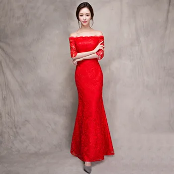

One word shoulder wedding dress Female Long Lace Women Cheongsam Chinese Traditional Dress Lady Qipao Evening Party Dress S-XXXL