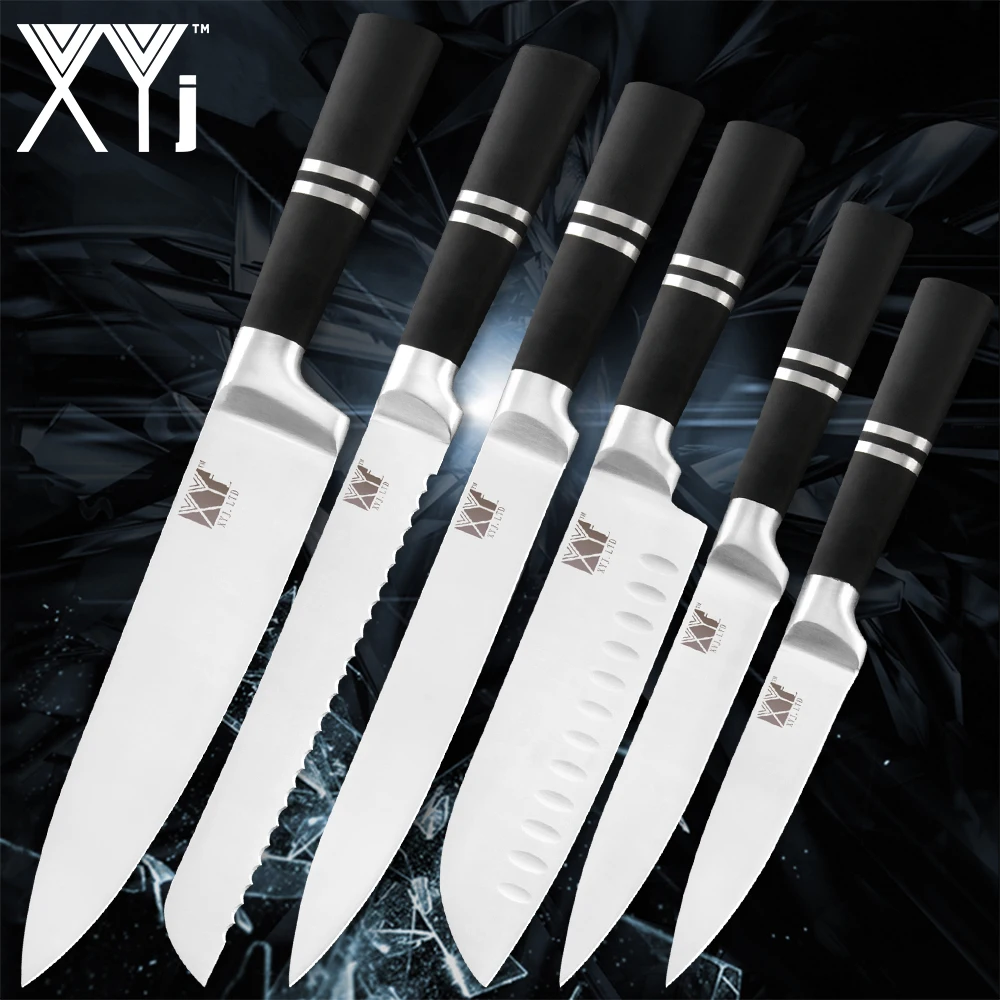 

XYj Kitchen Tool Stainless Steel 6PCS Knives Set 8'' Chef 8'' Bread 8'' Slicing 7'' Santoku 5'' Utility 3.5'' Paring Knife