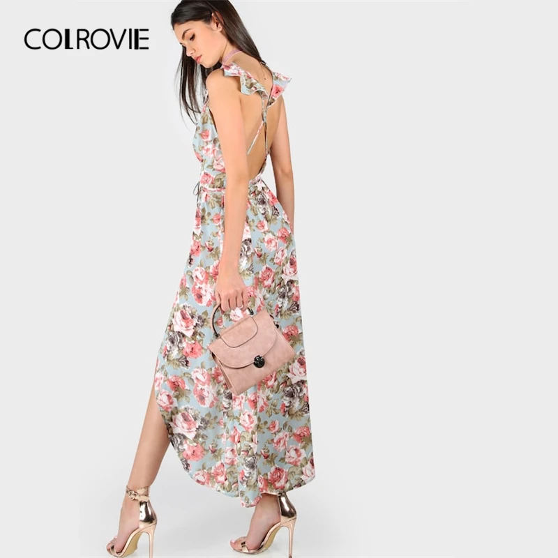 

COLROVIE V-Neck Crisscross Backless Floral Rose Print Wrap Belted Boho Beach Maxi Dress 2019 Summer Women Vacation Shift Dress