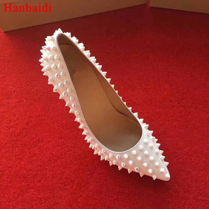 

Hanbaidi Sexy Rivets Studed Women High Heels Pumps So Nice Kate Pointed Toe Slip On Shoes Runway Party Dress Shoes Zapatos Mujer