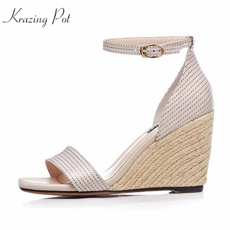 

krazing pot new arrival open toe genuine leather straw brand shoes women high heels wedges increased solid colors sandals L06
