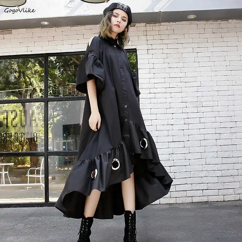 

Open Shoulder Shirt Dress Asymetric 2019 Summer Women Plus Size Dresses Metal Ring Dress Women Clothing Hollow Out LT257S50