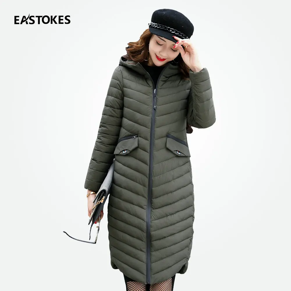 Women Hooded Coat With Split Hem Winter Long Light-Weight Jacket Badge Female Outerwears Parkas | Женская одежда
