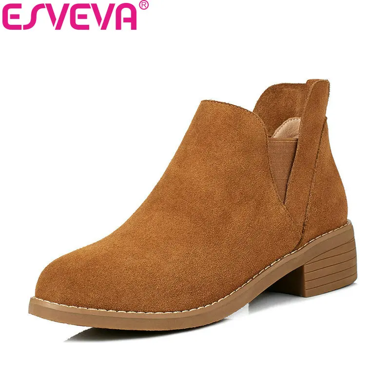 

ESVEVA 2018 Women Boots Slim Look Cow Suede Square Med Heel Out Door Ankle Boots inside PU/synthetic Ladies Boots Size 34-40