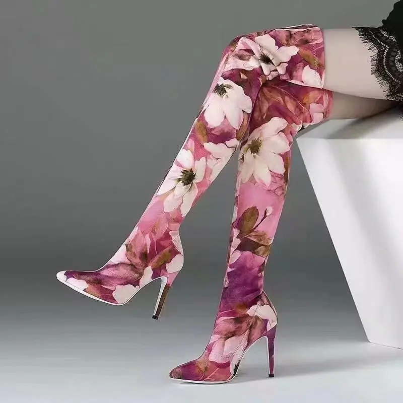 Vintage Flower Print Boots Over The Knee Slim Female Thin Heel Stiletto