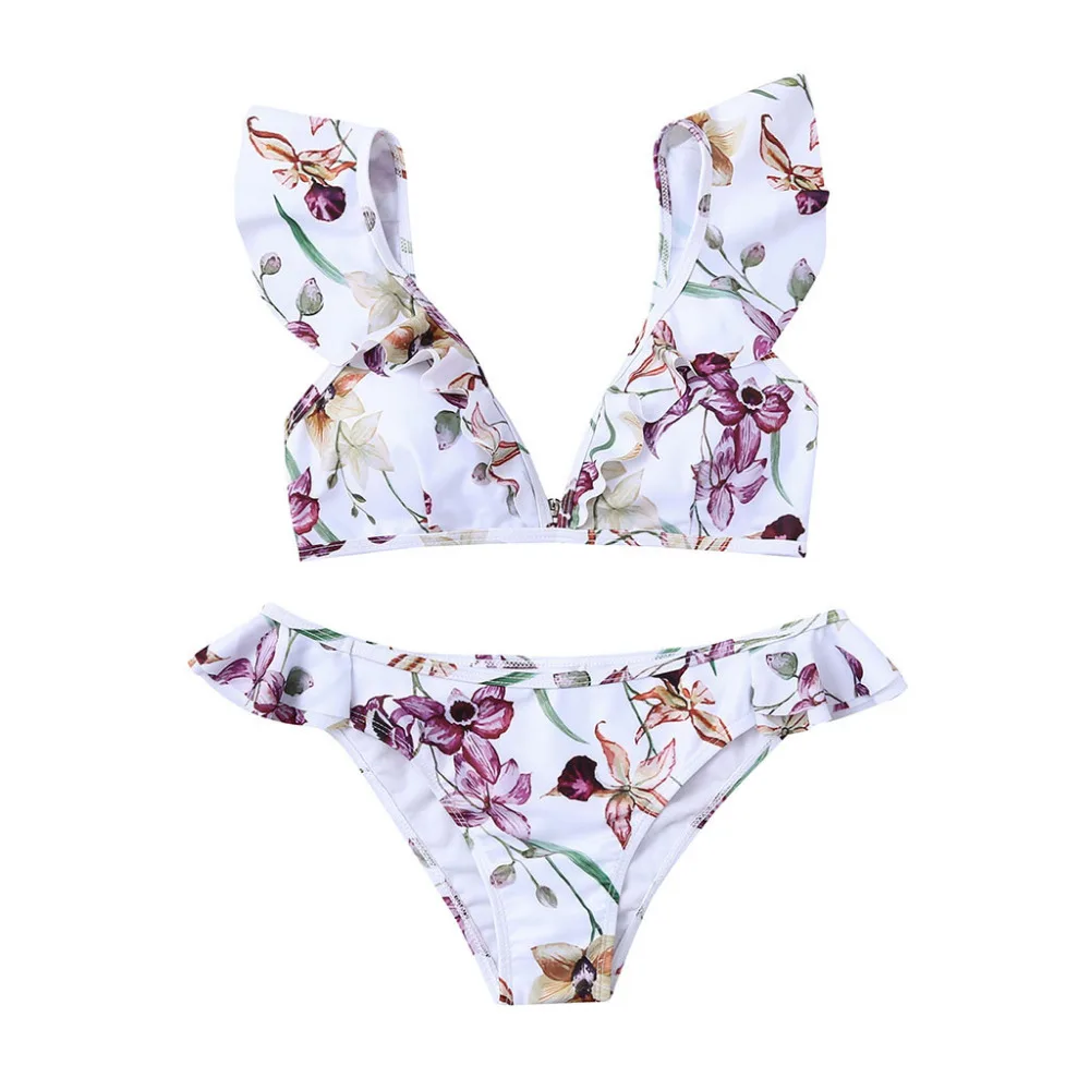 

Two Pieces Swimwear Women Ruffles Beach Bikinis Push Up Low Waist Bathing Suit Floral White Swimsuits Brasileiros Biquini 2019