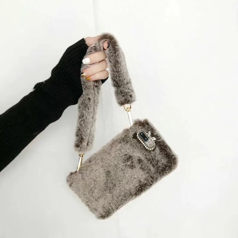 Милые новые модные женские сумки с бриллиантами зимний теплый кролик пушистый мех чехол для iPhone 11 Pro Max XS Max XR X 8 7 6 6S Plus