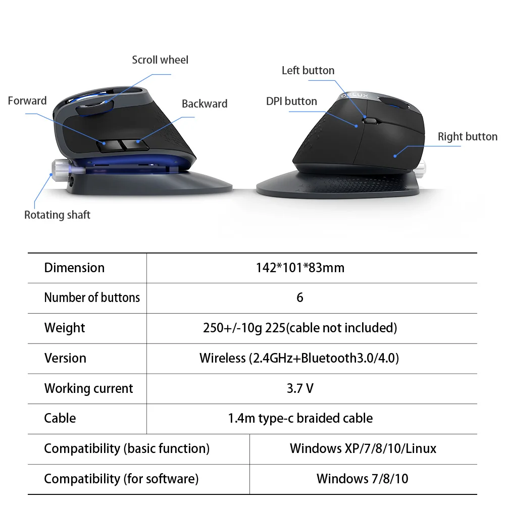 Delux M618X Adjustable angle Wireless Vertical Mouse Bluetooth 3.0 4.0+2.4GHz Ergonomic Rechargeabl