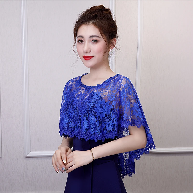 2019 Elegant Bridal Jacket and Wraps Royal Blue Lace Bolero Wrap Bridal Party Shrugs Front Short Long Back Formal Jackt