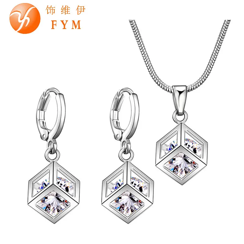 

Crystal Silver Magic Square 3D Pendant Collares Earrings Jewelry For Women Wedding and Engagement Bridal Bridesmaid Jewelry Sets