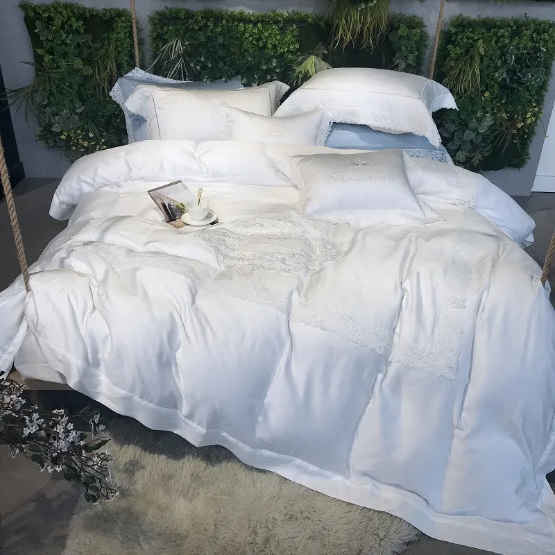 

800Thread Counts Tencel Silk Lace White Blue Duver cover Luxury Bedding Set King Queen size Ultra soft Bed sheet Pillow shams