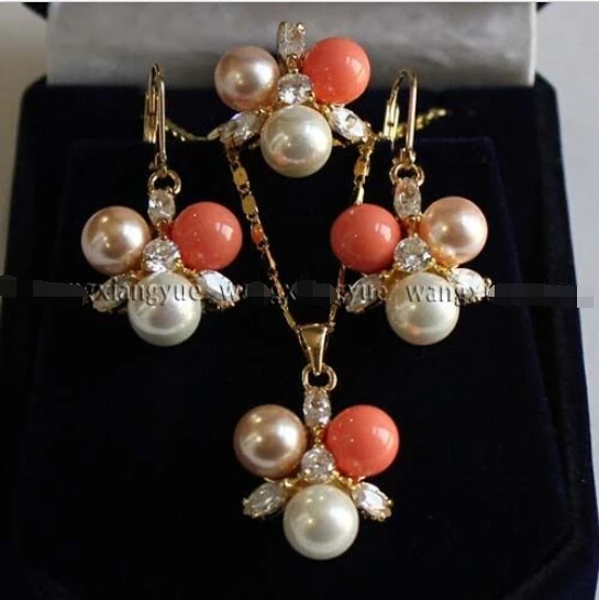 

shipping8MM 3 Color South sea Shell Pearl Earrings /Ring / Necklace Pendant Set AAA