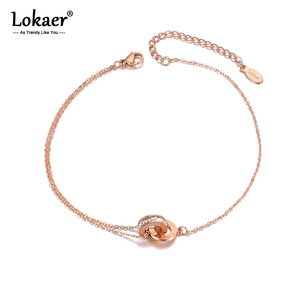 

Lokaer Bohemia Beach Stainless Steel Charm Anklet Double Circle Cubic Zirconia Roman Numeral Chain Link Anklets For Women A19023