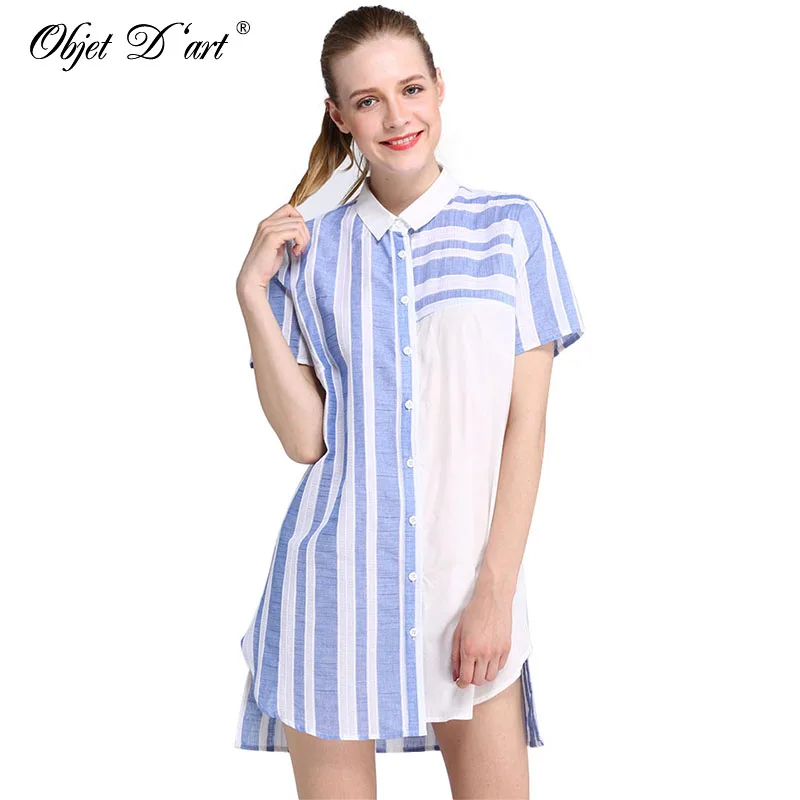

2017 Summer Women Blouses Brand Quality Cotton blusas mujer Long Shirts Sexy Shirt Dresses Casual Blue Striped Shirts Loose Top