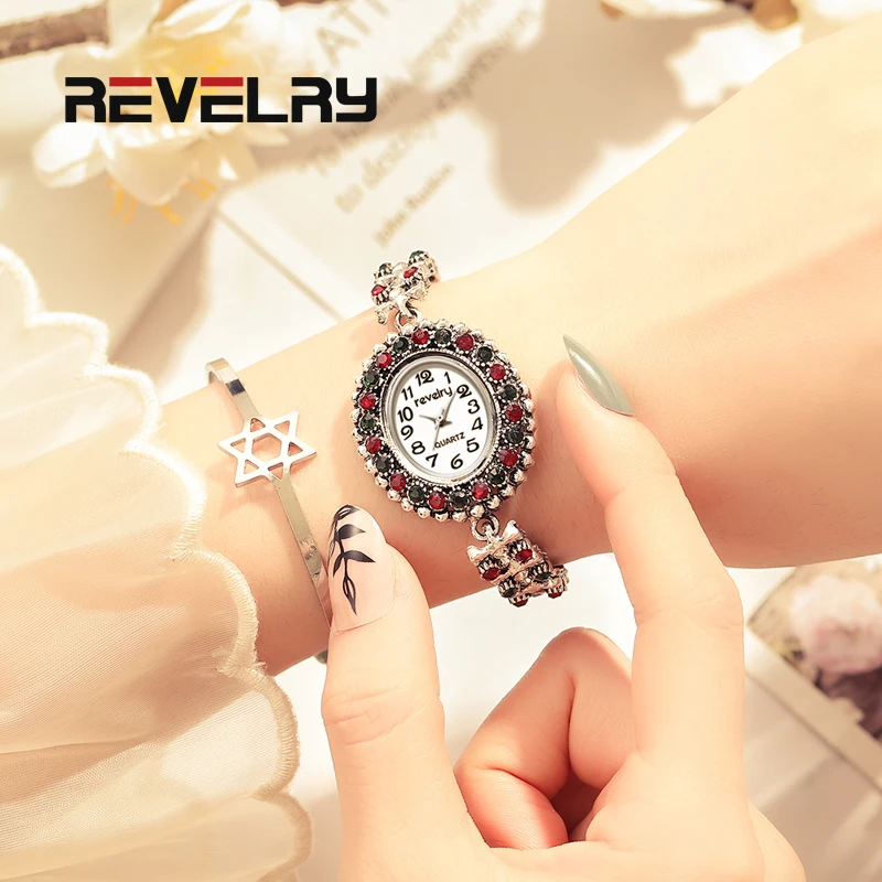 cheap REVELRY 2019 New Fashion Rhinestone Watches Women Luxury Brand Bracelet watches Ladies Quartz Dress Watches reloj mujer Clock