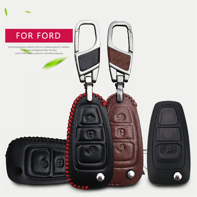 Kopen Lederen Auto Embelm Key Case Cover Shell Holder sleutelhanger voor Ford Focus 2 3 Fiesta Transit Ecosport Mondeo Kuga S MAX