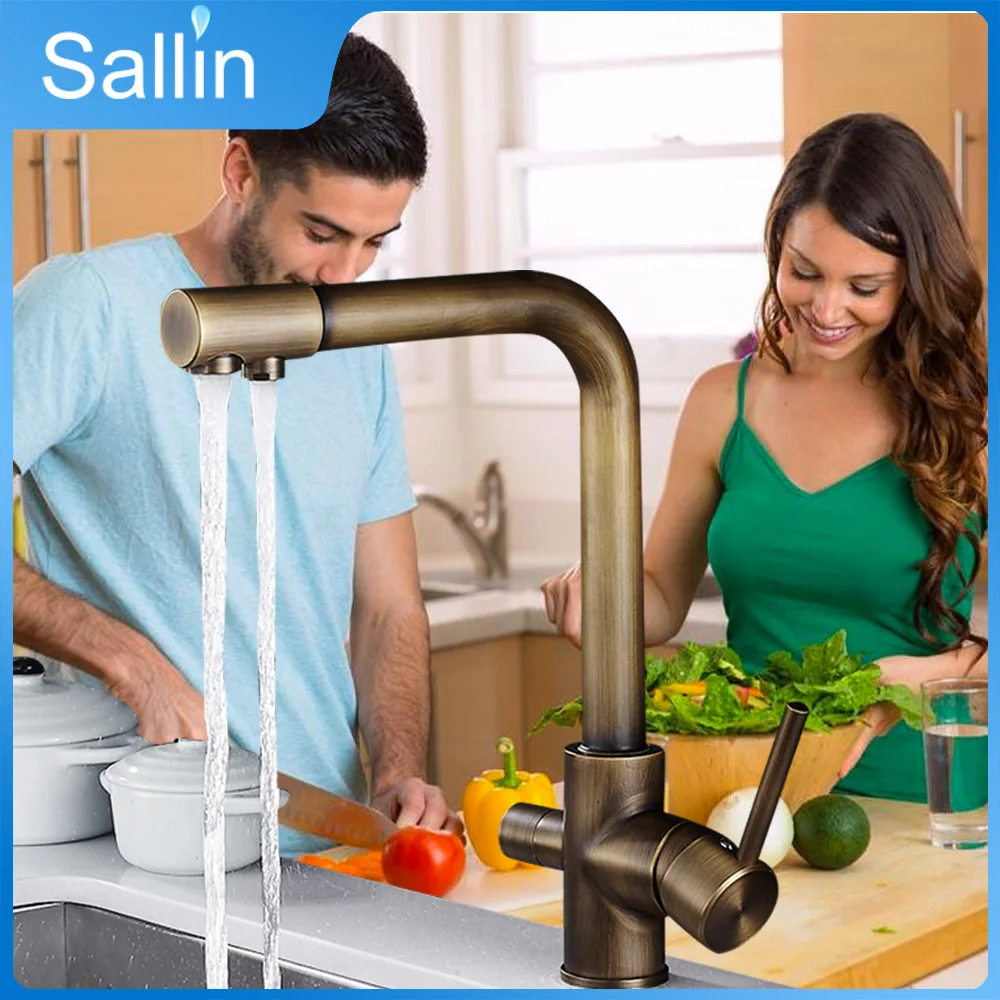 Solid Brass Beige White Kitchen Faucet Double Spout Drinking Water Filter Kitchen Faucet Tri-flow Tap for Kitchen Sink Faucet