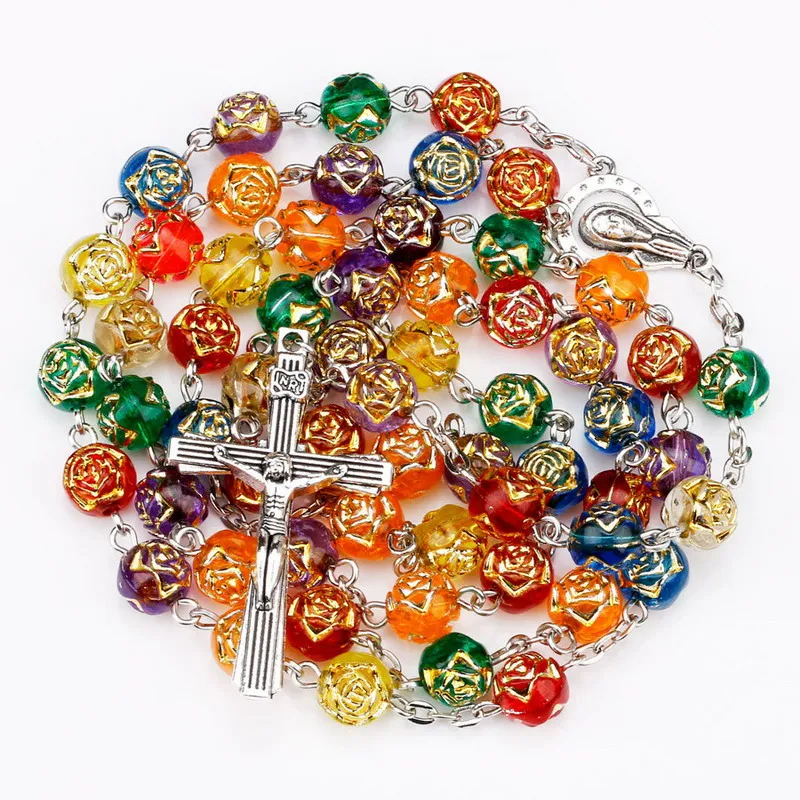 

Colorful Acrylic Rose Flower Beads Religious Cross Necklace Catholic Rosary Necklace Jesus Crucifix Stars Mary Centerpiece