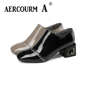 

Aercourm A 2019 GirlsPatent Leather Shoes Women Zip Solid Shoes Square Heel Women Enbrorder Pumps Black Khaki Metal Button Shoes
