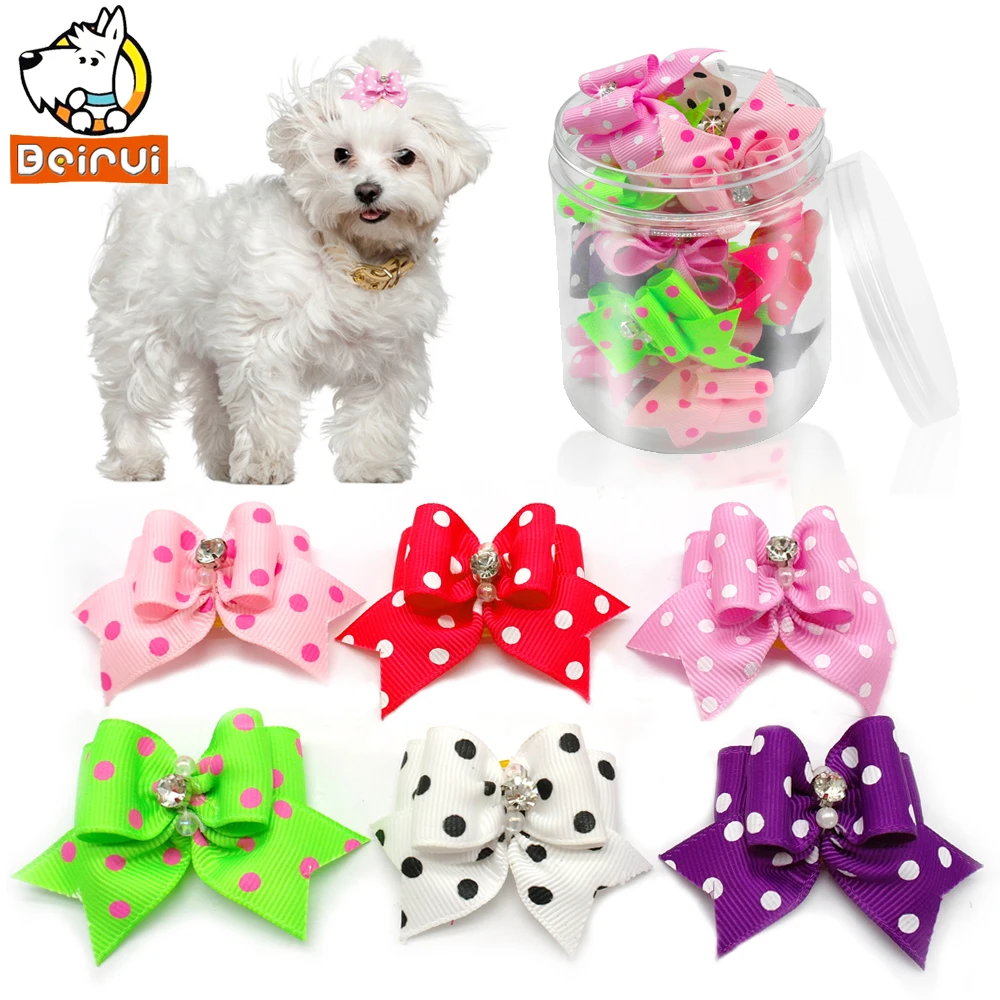 

20/50/100 Pcs Cute Diamond Dot Print Pet Cat Dog Hair Bows Grooming Accessories Kitten Puppy Rubber Band