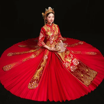 

Red bride cheongsam Vintage chinese style wedding evening dress clothing Embroidery Phoenix Qipao costume Vestidos Size S-XXXL