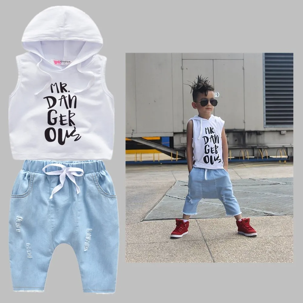 Baby Boys Clothes 2019 Summer Fashion Boys Clothes Sleeveless Hooded White Top+Blue Shorts Children Sets Kids Clothes For 1T-7T