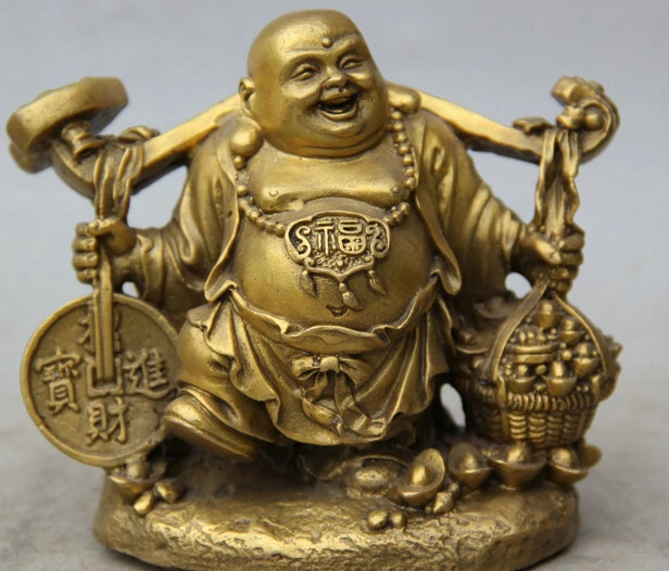

277@g++5" Chinese Brass Happy Laugh Maitreya Buddha Wealth Rich YuanBao RuYi Statue