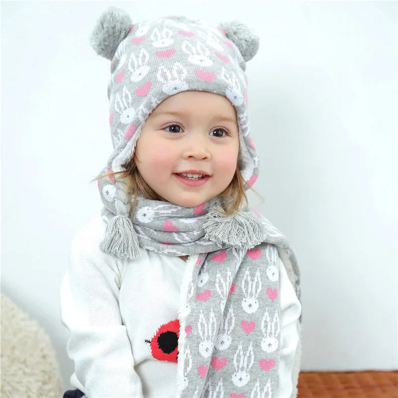 Модная шапка для маленьких девочек с сердечком и принтом кролика, осенне-зимняя теплая детская шапка, детская шапка, шарф, воротники для девочек и мальчиков