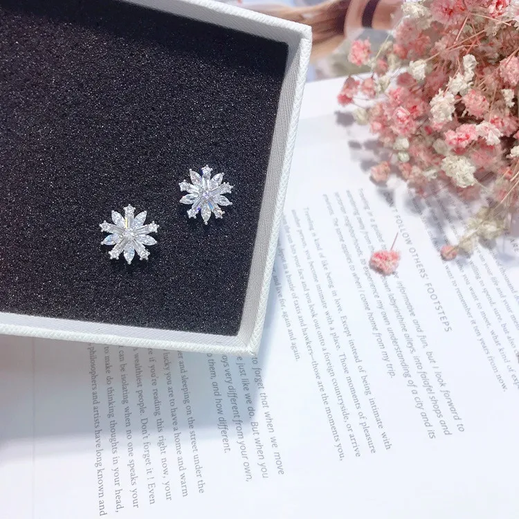 snowflake earring 925 silver post Hypoallergenic fadeless fashion jewelry stud earrings for women girl Christmas gift