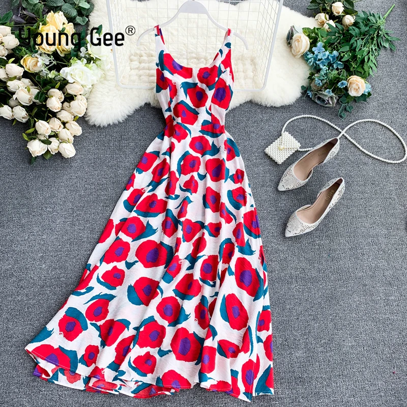 

Young Gee Summer Women Spaghetti Strap Print Floral Sleeveless Beach Dresses High Street Backless Lace Up Holiday Midi Dress