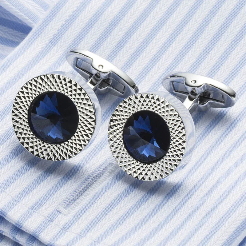 

High Quality Men's Cufflink Silver Plating Blue Crystal Round Men's Shirt cuff links Wedding cuffs 389