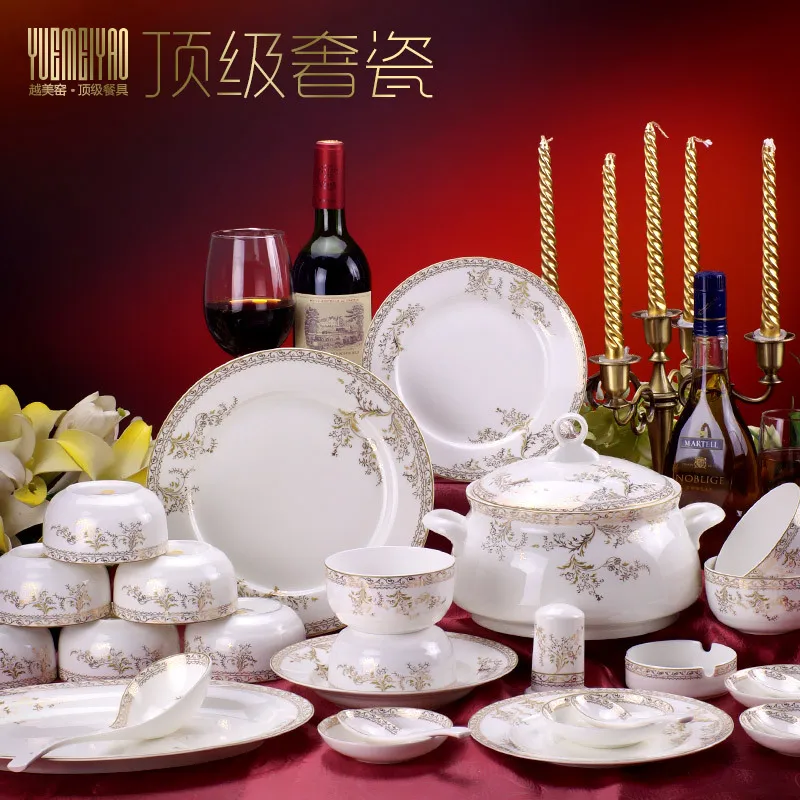 

Luxury 56 head bone china tableware suit in Jingdezhen Swan Lake pottery bowl dish ceramic tableware wholesale