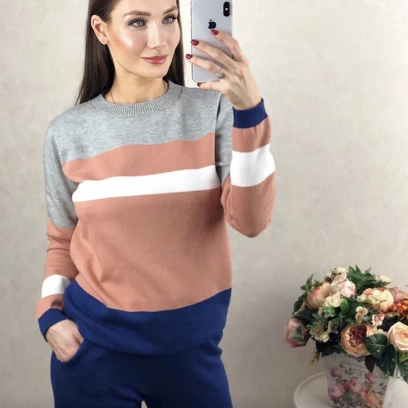 Pantalon Femme 2019 Femmes pièce gris cou Décontracté Pièce rose Couleur Réel Printemps Plein Couture Bande Orange D'o pu Pull 2 Costume Tricot Deux Ciel Survêtement HXXqwPrx