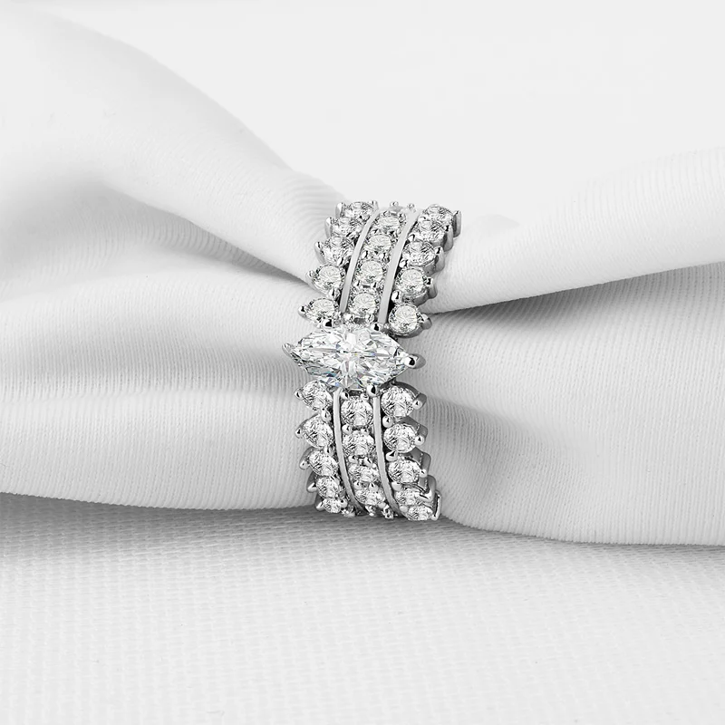 Кольцо женское серебряное в виде маркиза с тремя рядами|engagement wedding ring|wedding ringssona ring