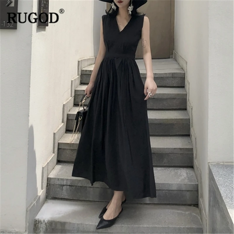 

RUGOD 2019 New Arrival Women Backless Solid Dress V-neck Sleeveless A-line Slim Vestidos Temperament Elegant Modis Mujer Dress