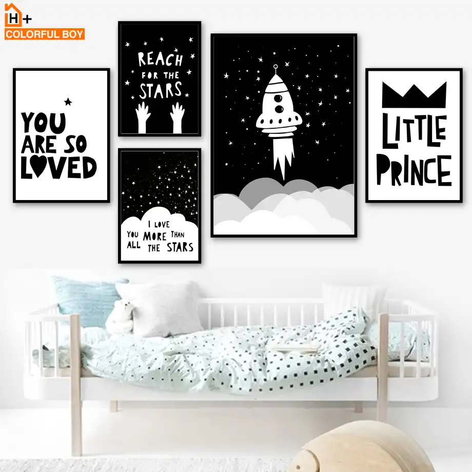 Colorfulboy Roket Tangan Dinding Seni Hitam Putih Kartun Poster Kanvas Lukisan Dinding Gambar Nordic Style Kids Dekorasi Canvas Painting Wall Pictureswall Art Print AliExpress