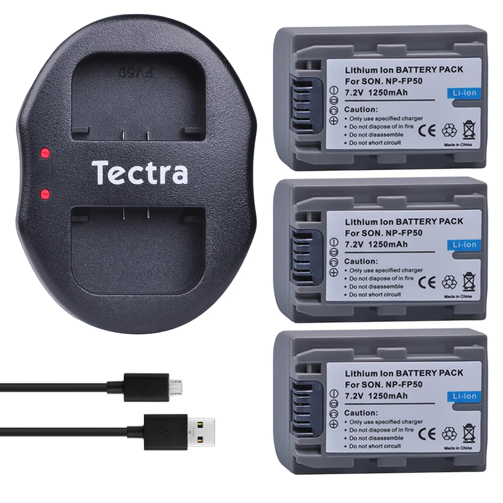 Tectra 3 шт. NP-FP50 Камера Батарея+ Dual USB Зарядное устройство для sony DCR-HC30 40 43E 65 85 94E 96 DCR-SR30 40E 50E 60E 70E 80E 100