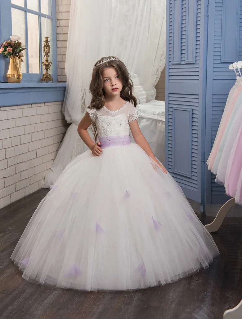 Кепки рукава 2018 для девочек в цветочек платья для свадьбы бальное платье Тюль Кружева бисером Детские Длинные платье для первого причастия