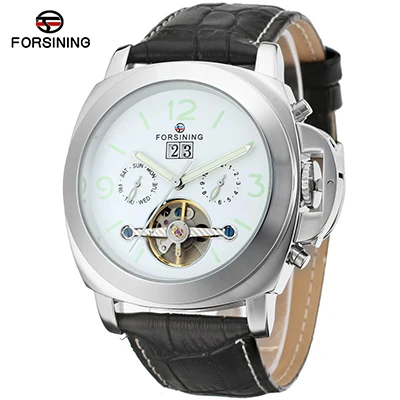 Люксовый бренд FORSINING Авто Дата Турбийон Механические часы мужские часы дизайнерские часы для мужчин кожаный ремешок браслет часы - Цвет: Белый