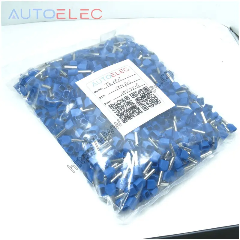 TE2513 1000pcs Wire Ferrules End Sleeve Double Cord End Terminal Copper