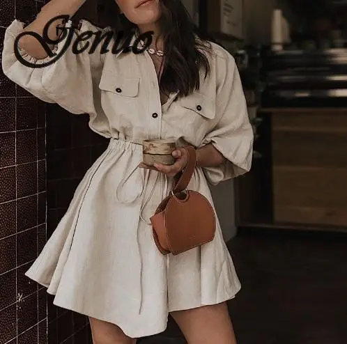 

Genuo women dresses mini shirt dresses lantern sleeve sash buttons lace up linen dresses Vintage spring female vestidos dress