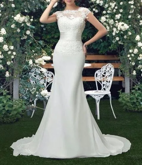 

Vestido De Novia Mermaid Scoop Wedding Dresses Court Train Short Sleeve Customized Cheap Brides Dress Long Chiffon Bridal Gown