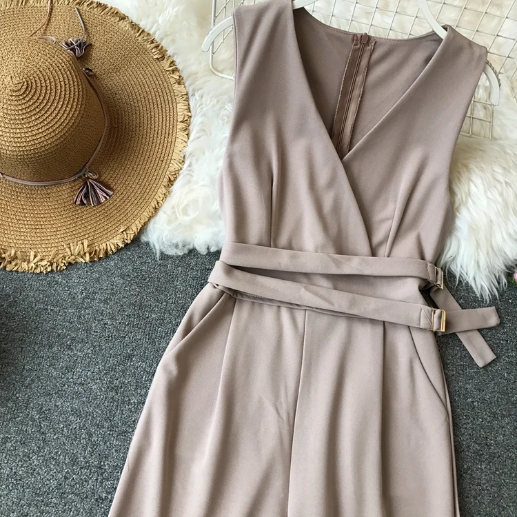 Sleeveless V-neck High Waist Sashes Wide Leg Jumpsuit