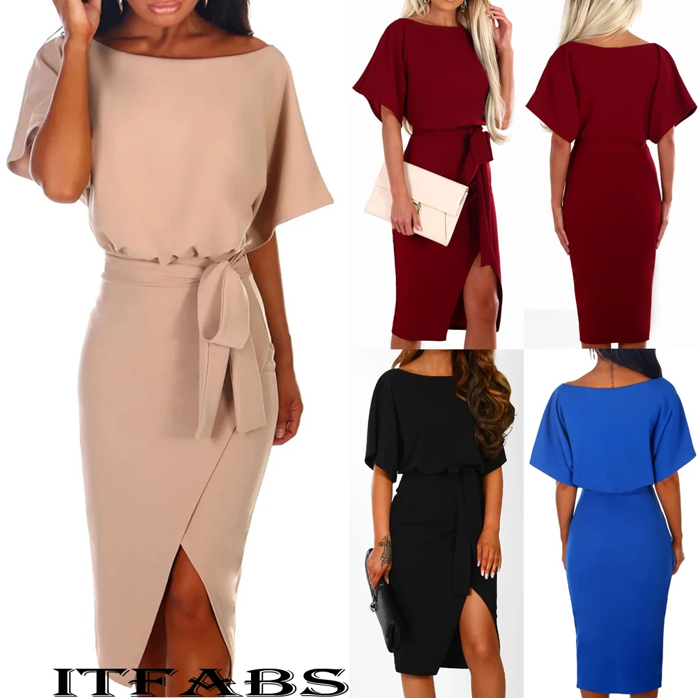 

New Summer Women Dress Formal Business Solid Short Sleeve Knee-length Loose Dress Casual Strapy Dress